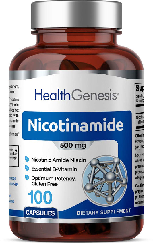 Health Genesis B3 Nicotinamide bottle showcasing flush-free formula for skin support.