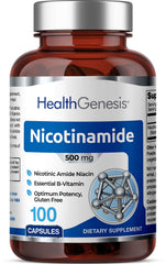 Health Genesis B3 Nicotinamide bottle showcasing flush-free formula for skin support.