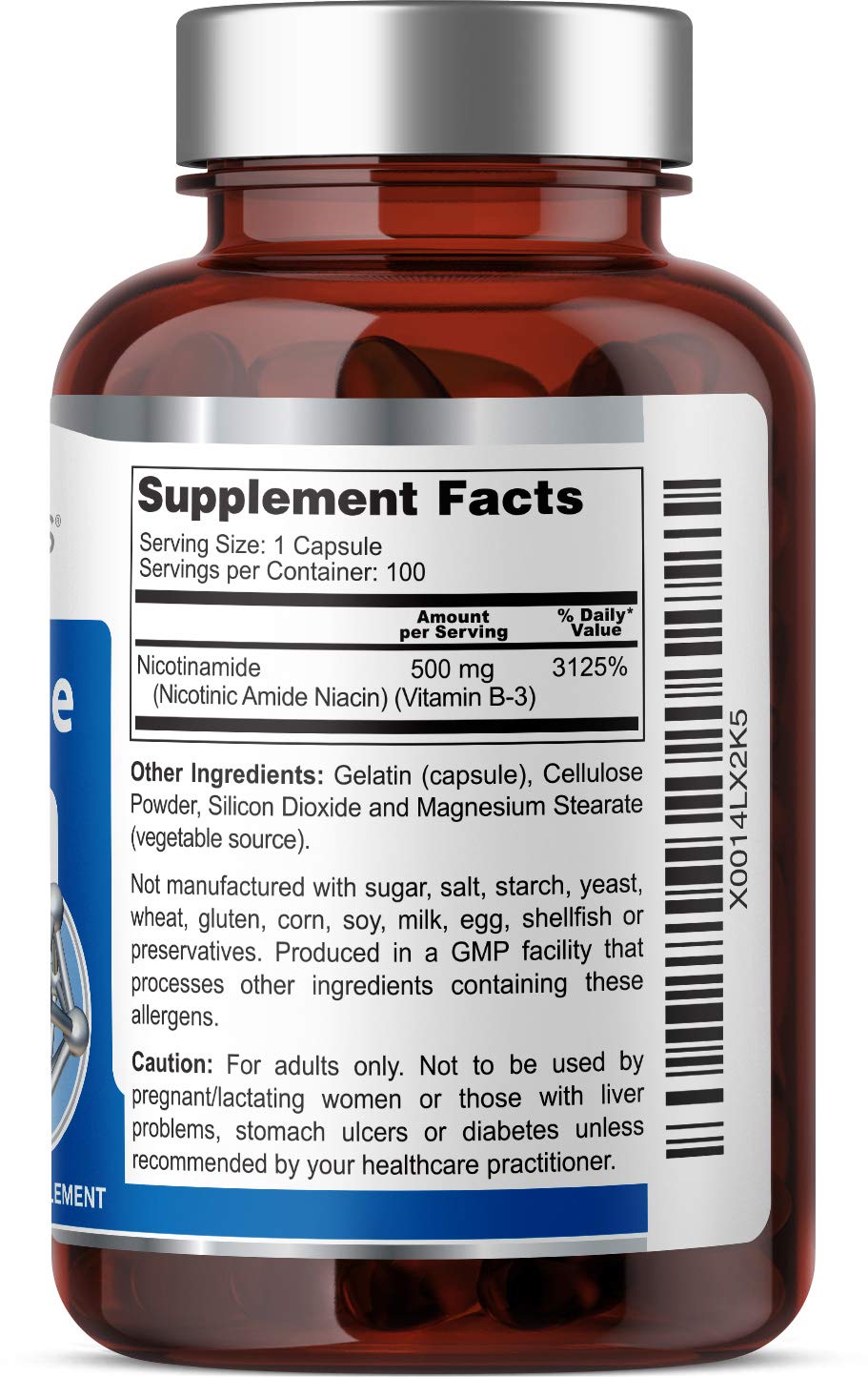 Close-up of Health Genesis B3 Nicotinamide label highlighting 500 mg dose.