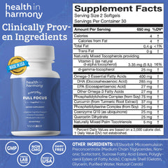 Close-up of HEALTH IN HARMONY Everyday Full Focus softgels for easy swallowing