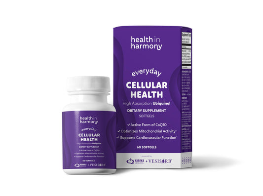 Health in Harmony ubiquinol coq10 bottle demonstrates convenient daily energy support.