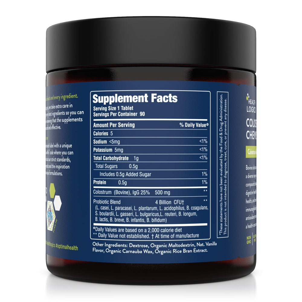 Health Logics Colostrum Chews close-up tablet highlights 14B CFU for immune-support potential