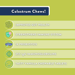 Health Logics Colostrum Chews label highlights probiotics and bioactive ingredients for gut balance