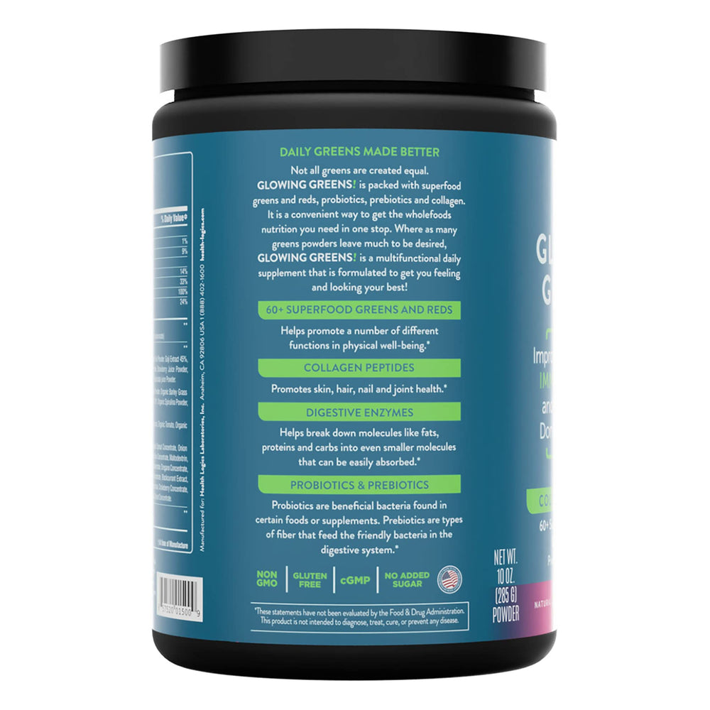 Health Logics Glowing Greens jar-label highlights Berry Blast flavor and no added sugar.