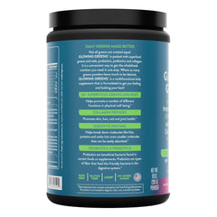 Health Logics Glowing Greens jar-label highlights Berry Blast flavor and no added sugar.