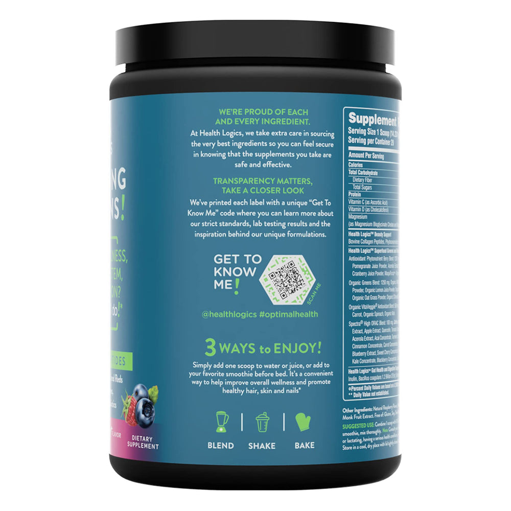 Health Logics Glowing Greens scoop-pour demonstrates easy mix into smoothies.