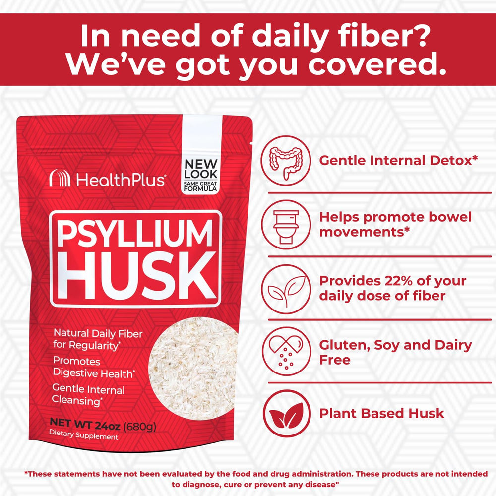 Health Plus psyllium husk 24oz side view emphasizes convenient fiber for keto baking.