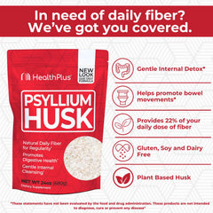 Health Plus psyllium husk 24oz side view emphasizes convenient fiber for keto baking.