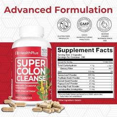 Health Plus Super Colon Cleanse capsules close-up suggesting daily constipation relief potential.