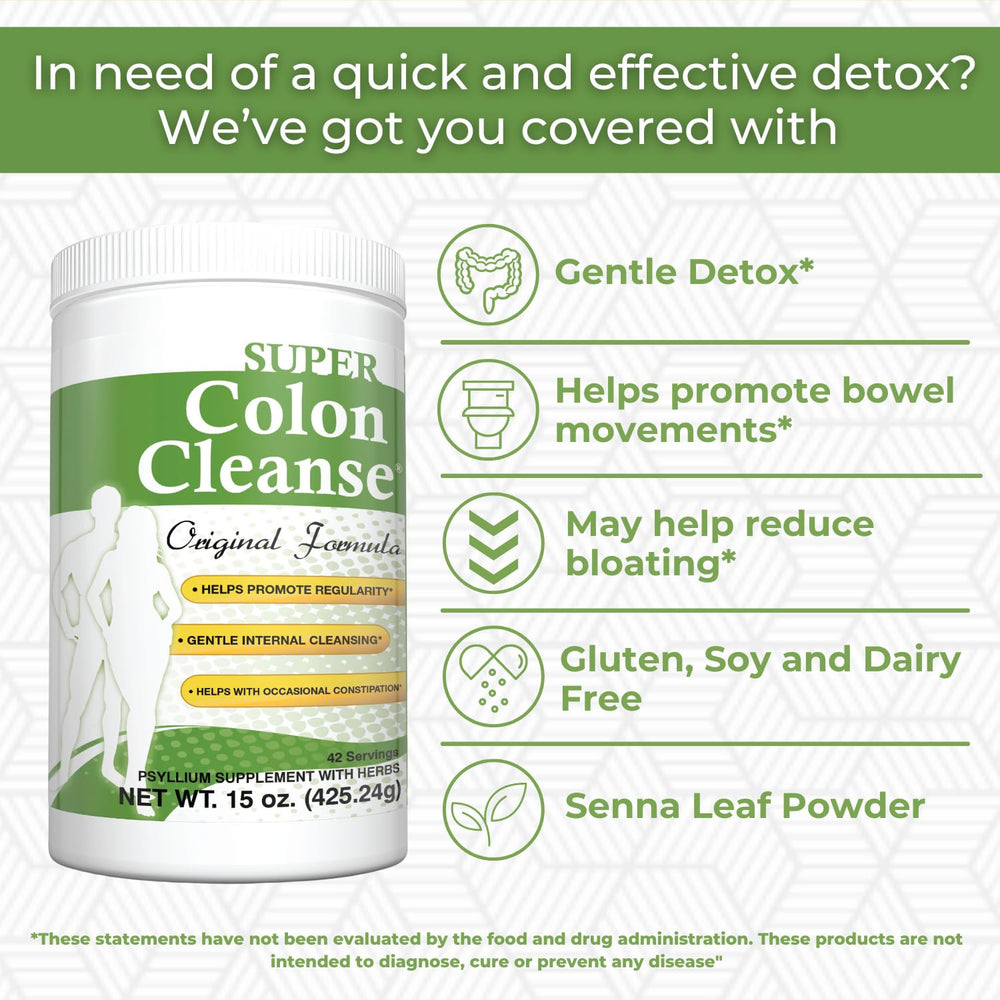 Health Plus Super Colon Cleanse powder poured into water for convenient use.