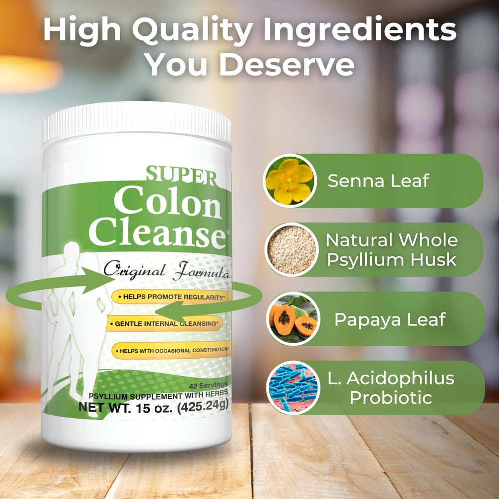 Health Plus Super Colon Cleanse measuring scoop with powder ready to mix.