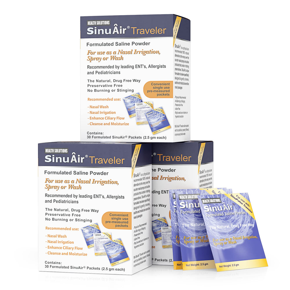 Health Solutions SinuAir box with packets ready for nasal irrigation.