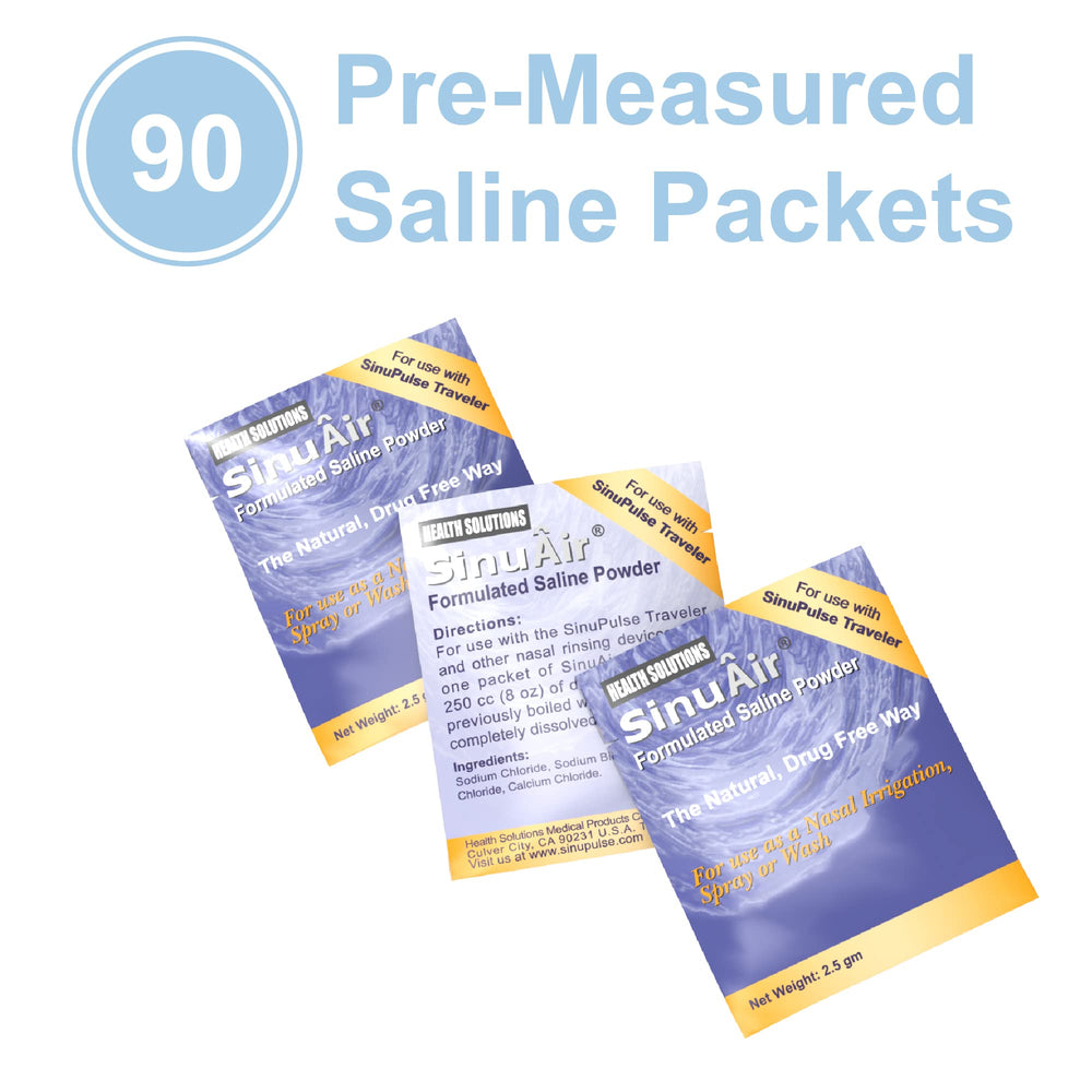 Packaging and user guide for Health Solutions SinuAir packets.