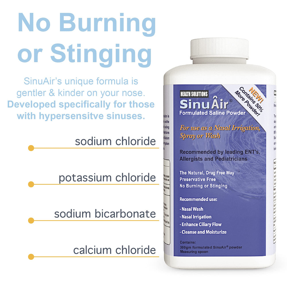 Health Solutions Sinus Rinse powder dissolving in water for nasal irrigation.