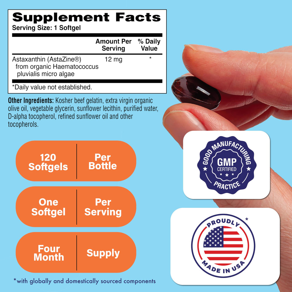 Close-up of Health Thru Nutrition Astaxanthin softgels showing 12 mg potency