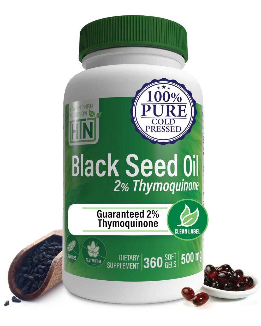 Health Thru Nutrition Black Seed Oil bottle signaling premium daily wellness