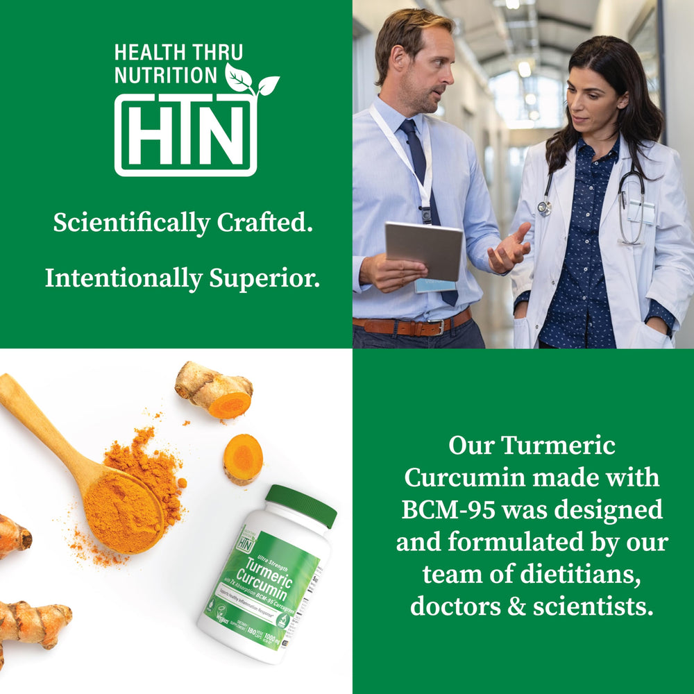 Health Thru Nutrition pour-and-bottle scene for easy daily dosage with meals.