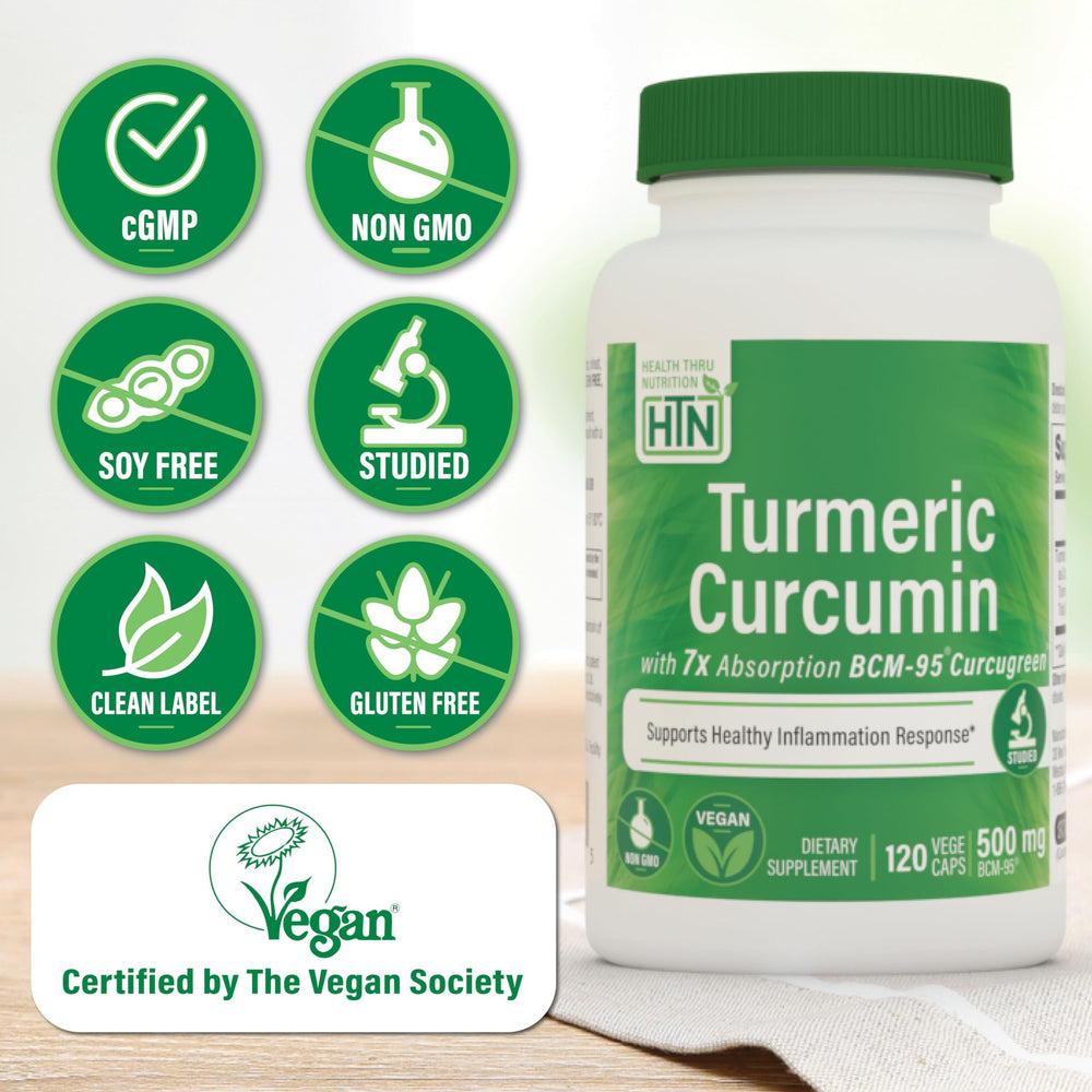 Health Thru Nutrition Turmeric Curcumin Complex ingredient label shows BCM-95 Curcugreen