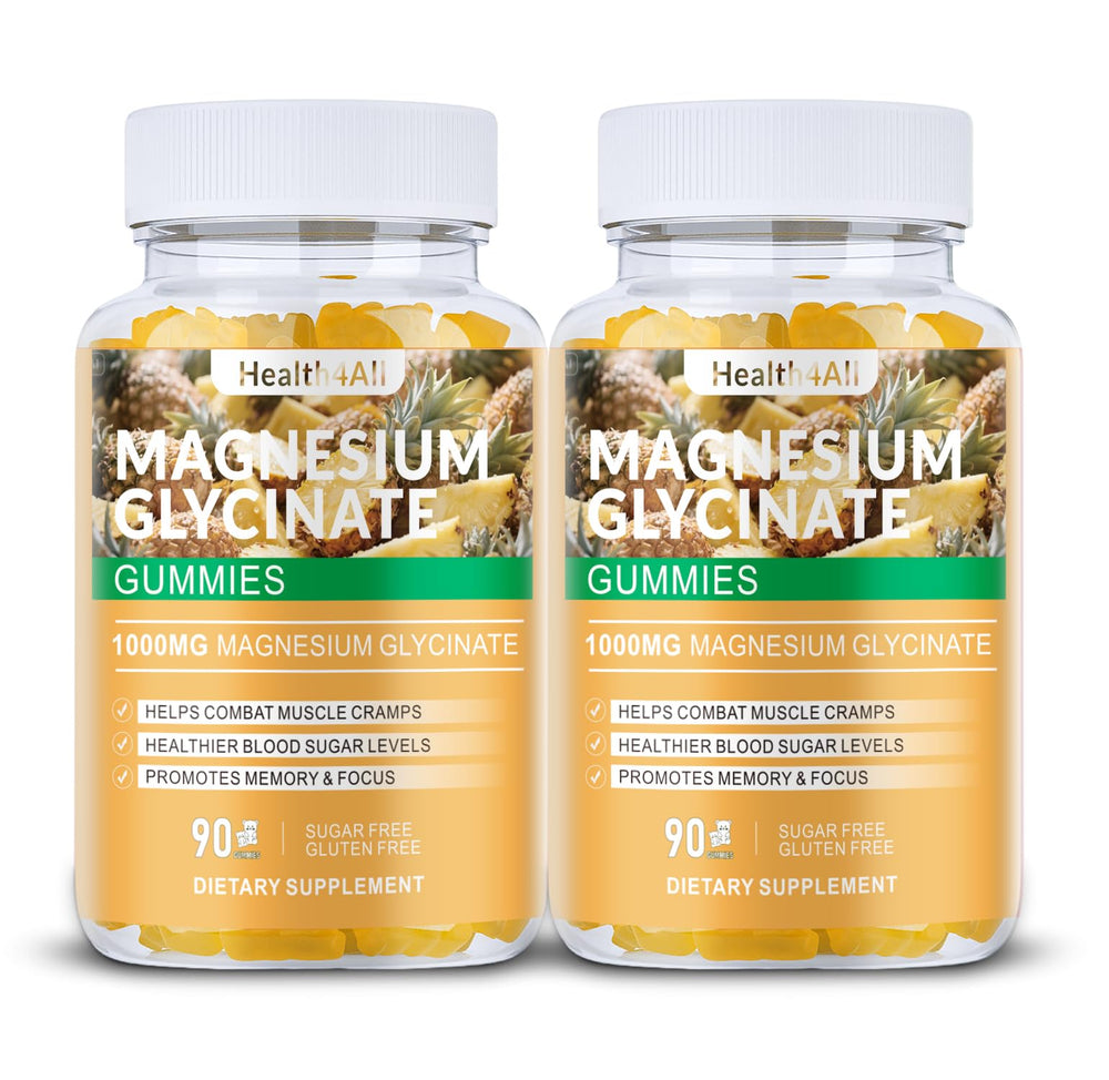 Health4All magnesium glycinate gummies bottle close-up highlighting pineapple flavor