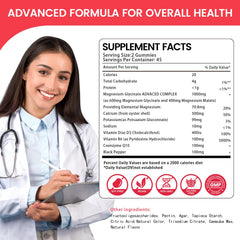 Health4All magnesium glycinate label on bottle promoting high absorption minerals.