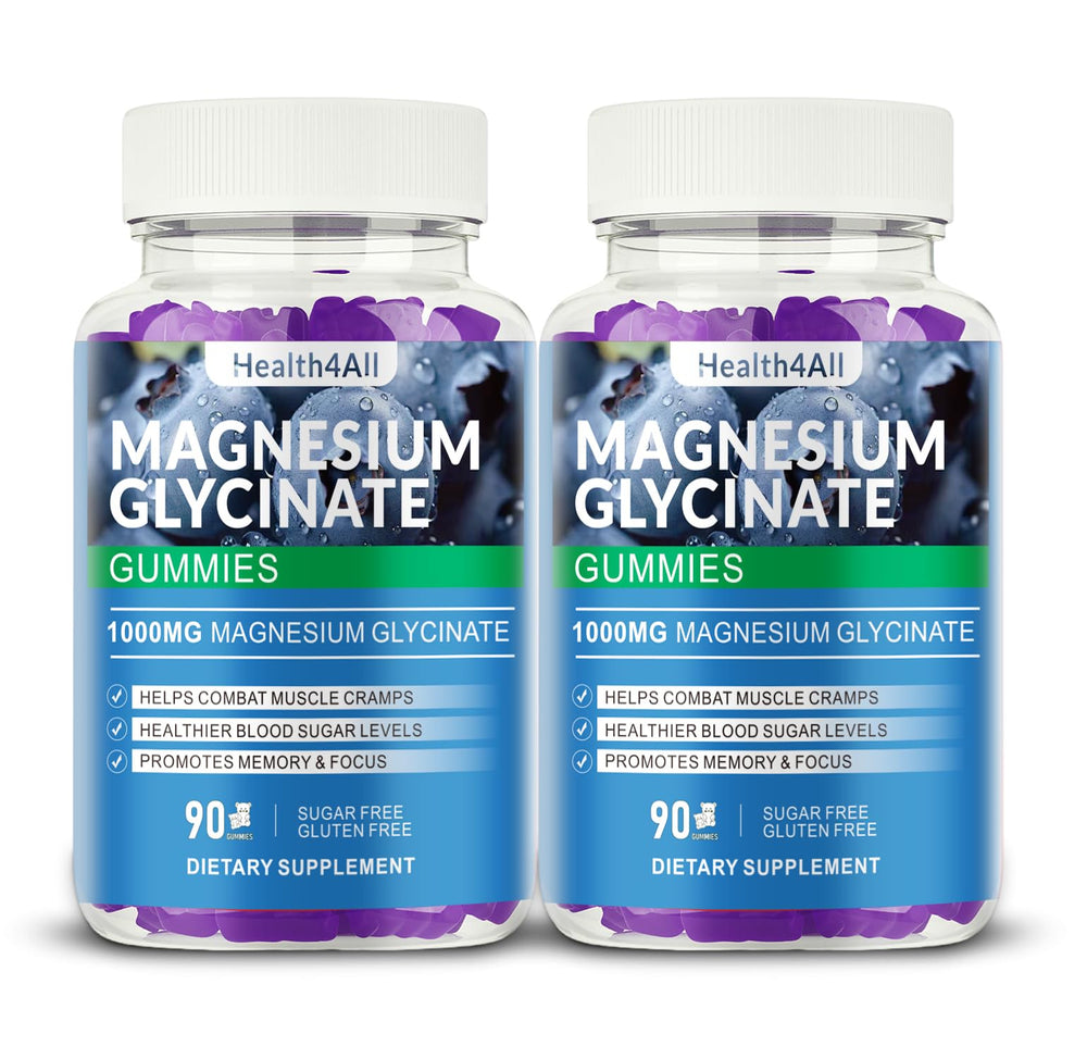 Health4All Magnesium Gummies 1000mg blueberry bottle showing high-absorption formula for daily relaxation.