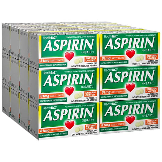 HealthA2Z Aspirin 81mg enteric-coated bottle for easier swallowing.