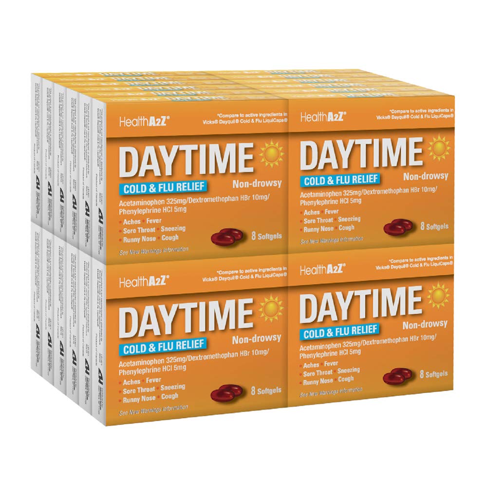 HealthA2Z Daytime bottle label demonstrating daytime symptom relief for workdays.