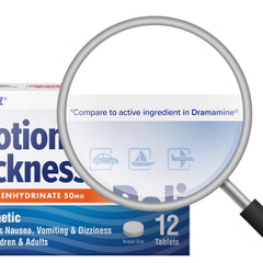 HealthA2Z Dimenhydrinate 50mg tablets close-up emphasizes fast-acting antiemetic action.
