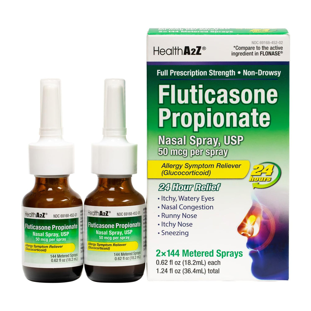 HealthA2Z Fluticasone bottle pour demonstrates precise dosing for steady daily allergy relief
