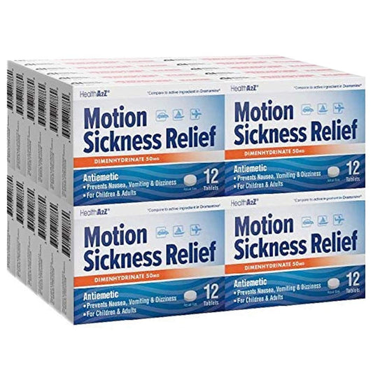HealthA2Z Motion Sickness Relief bottle shows 50 mg dimenhydrinate for quick nausea relief.