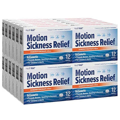 HealthA2Z Motion Sickness Relief bottle shows 50 mg dimenhydrinate for quick nausea relief.