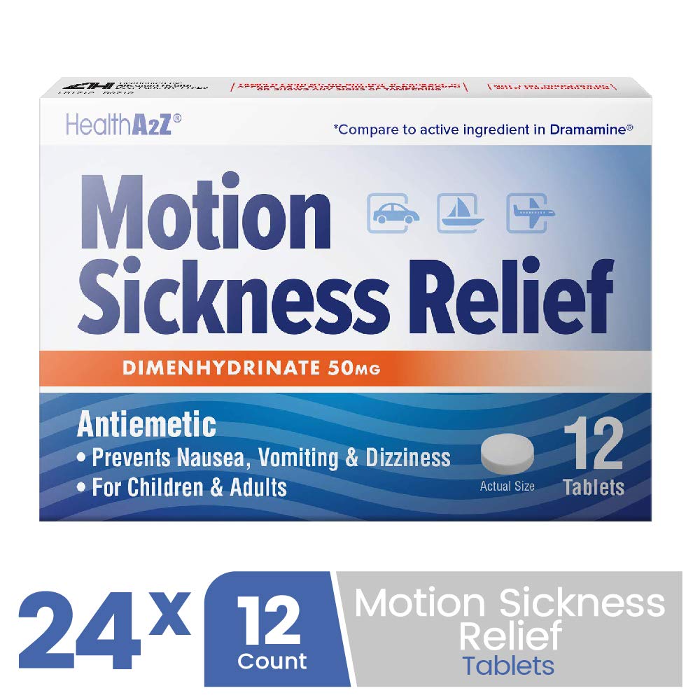 HealthA2Z Motion Sickness Relief packaging demonstrates travel-ready packaging for on-the-go prevention.