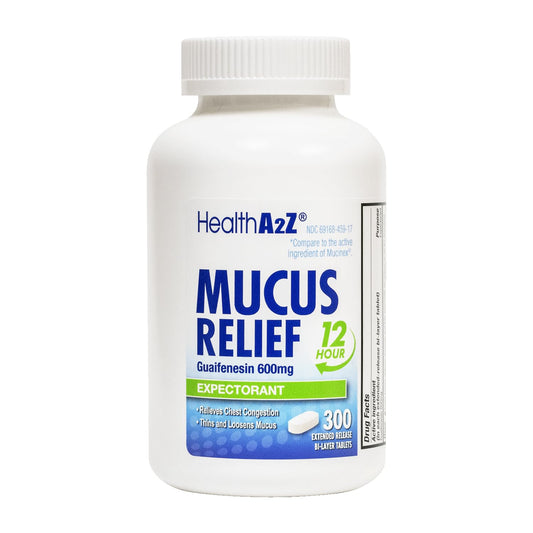HealthA2Z Mucus Relief bottle front showing extended-release design for daily use