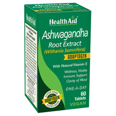 HealthAid Ashwagandha 350 mg tablet, front view, for daily stress support and clear focus.