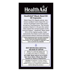 HealthAid Black Seed Oil ingredients label shows Vitamin C, D and Zinc for immune-friendly nutrition