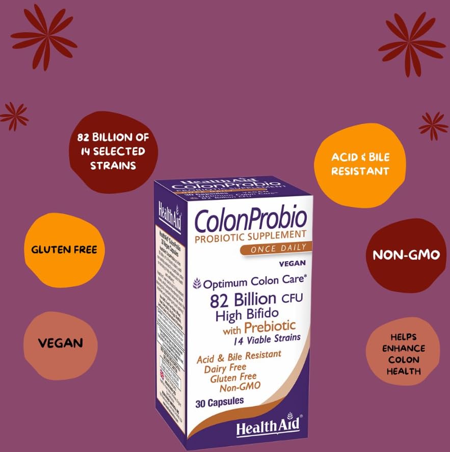 HealthAid ColonProbio packaging shot suggests daily convenience and dairy-free formula