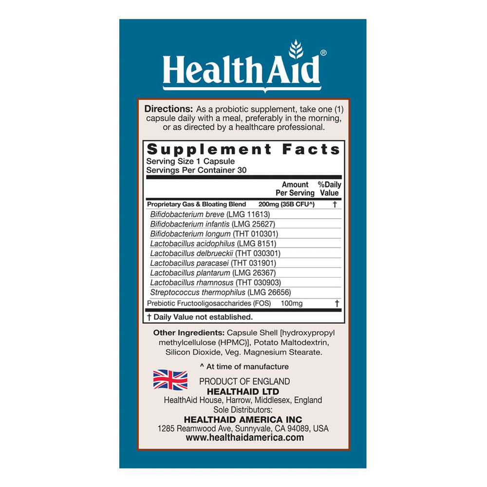 HealthAid GasProbio capsules close-up highlighting acid and bile resistance for gut delivery.