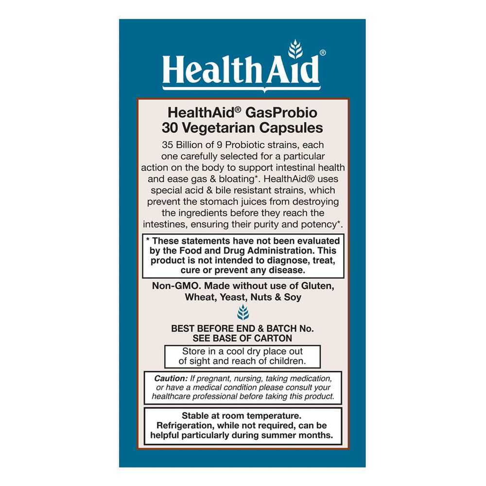 HealthAid GasProbio packaging shot emphasizes non-GMO, shelf-stable probiotic.