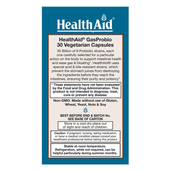 HealthAid GasProbio packaging shot emphasizes non-GMO, shelf-stable probiotic.