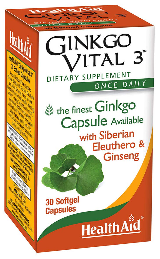 HealthAid Ginkgo Vital 3 bottle pour — supports mental clarity on busy days.