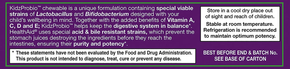 HealthAid KidzProbio blackcurrant flavor chewables highlighting tasty daily probiotic.