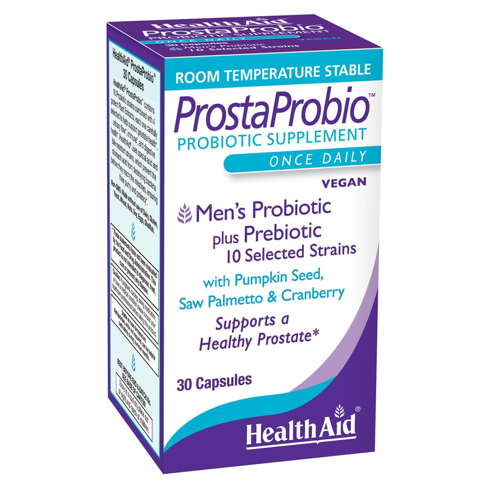 HealthAid ProstaProbio bottle of capsules for gut balance and prostate wellness.