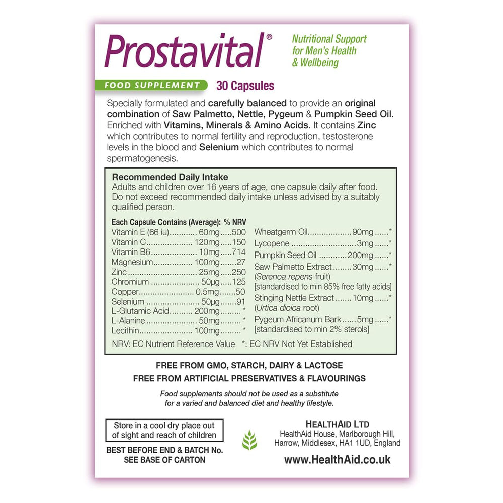 HealthAid Prostavital capsules close-up showing an easy-to-swallow format.