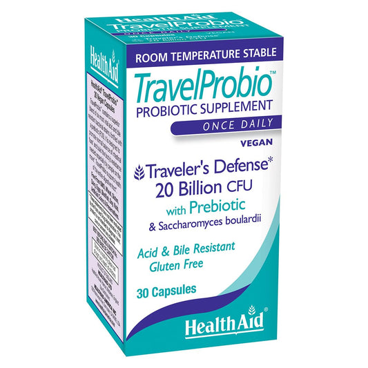 HealthAid TravelProbio 20B CFU capsules for on-the-go gut support during travel.