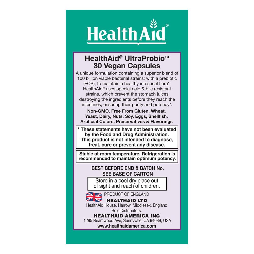 HealthAid UltraProbio box packaging emphasizing non-GMO and England origin.