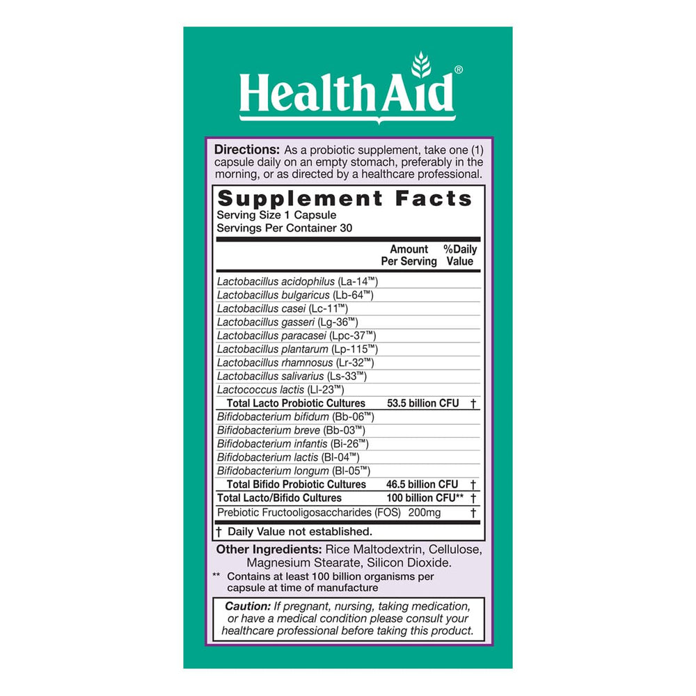 HealthAid UltraProbio capsules close-up showing acid and bile resistant formulation.