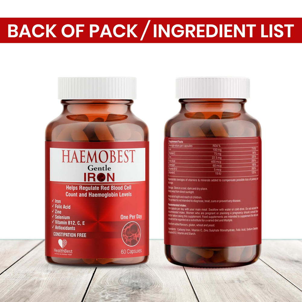 HealthBest packaging shows iron cofactors Vitamin C, B12, and Folate for absorption