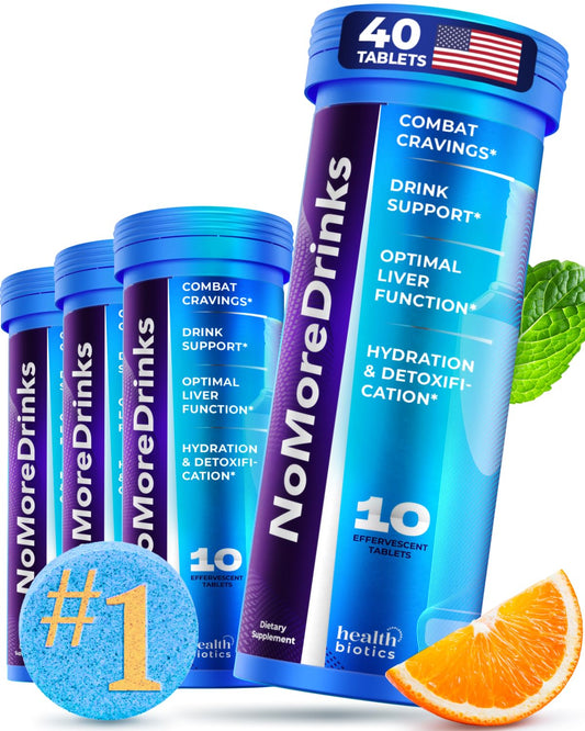 Healthbiotics NoMoreDrinks bottle pouring, suggesting fast cravings support