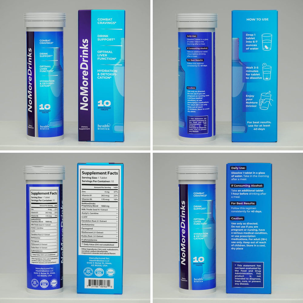 Healthbiotics NoMoreDrinks capsules closeup highlighting energy-boost formula.