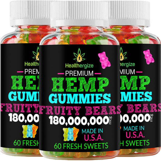 Healthergize 3-pack hemp gummies bottle boosts daily calm with fruity flavor.